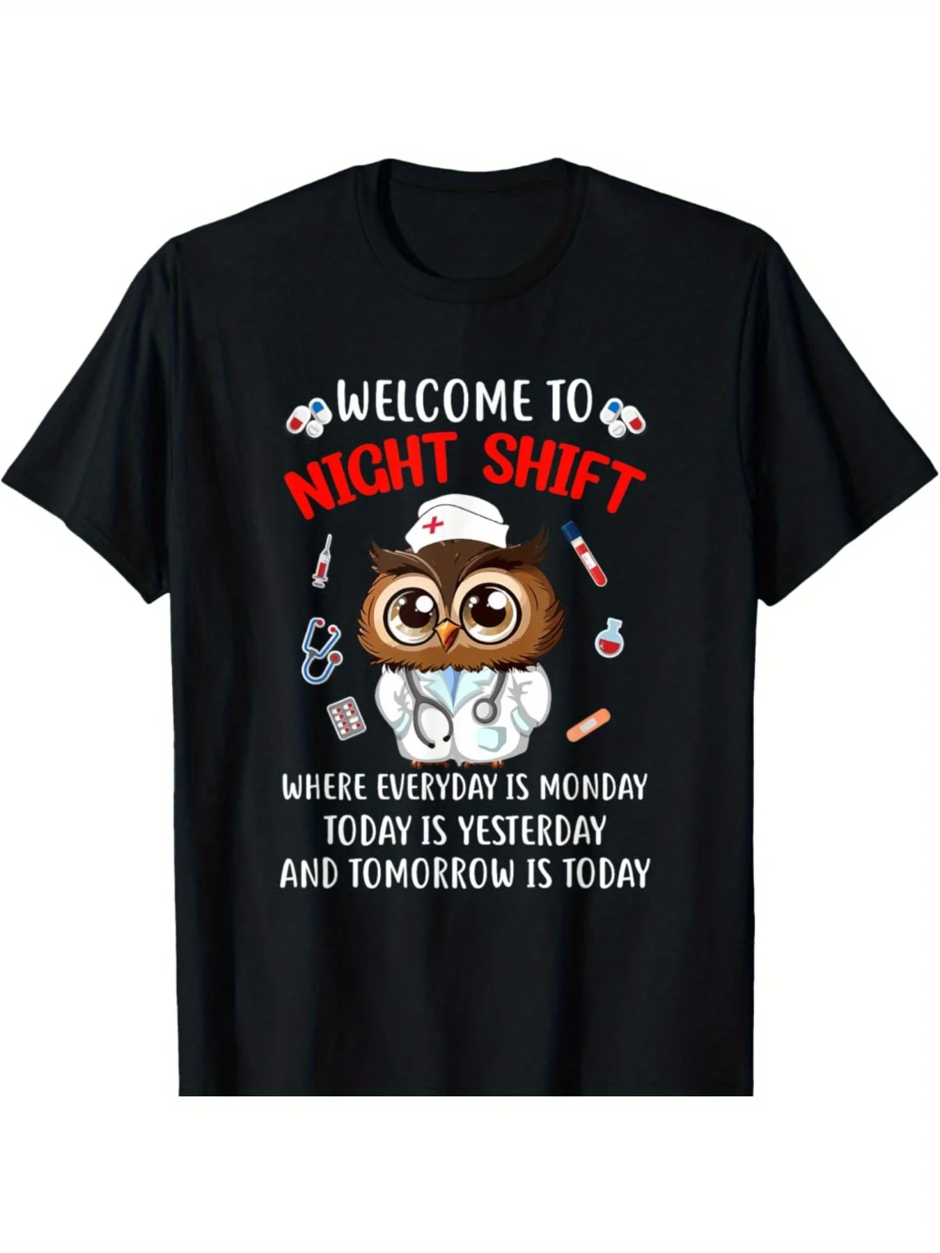 Owl Night Shift Nurse T-Shirt - 100% Cotton Casual Round Neck Tee with Geometric Pattern, Micro-Elastic Fabric, Unisex
Owl Night Shift Nurse T-Shirt - 100% Cotton Casual Round Neck Tee with Geometric Pattern, Micro-Elastic Fabric, Unisex