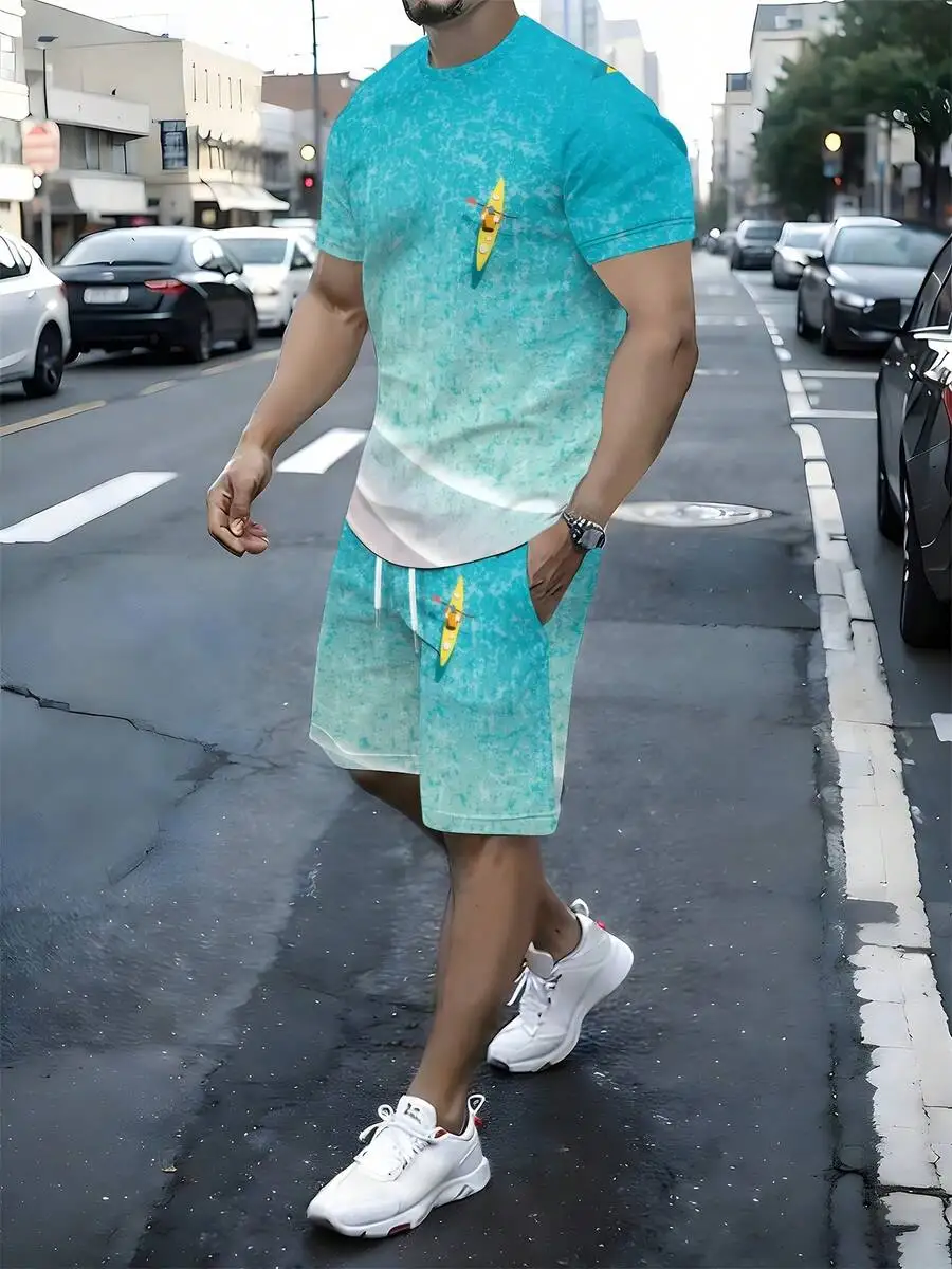 Blue-Green Water Ripple And Yellow Boat Print T-Shirt Shorts Set Round Neck Short Sleeve Knit Two Piece Casual Outfit
Blue-Green Water Ripple And Yellow Boat Print T-Shirt Shorts Set Round Neck Short Sleeve Knit Two Piece Casual Outfit