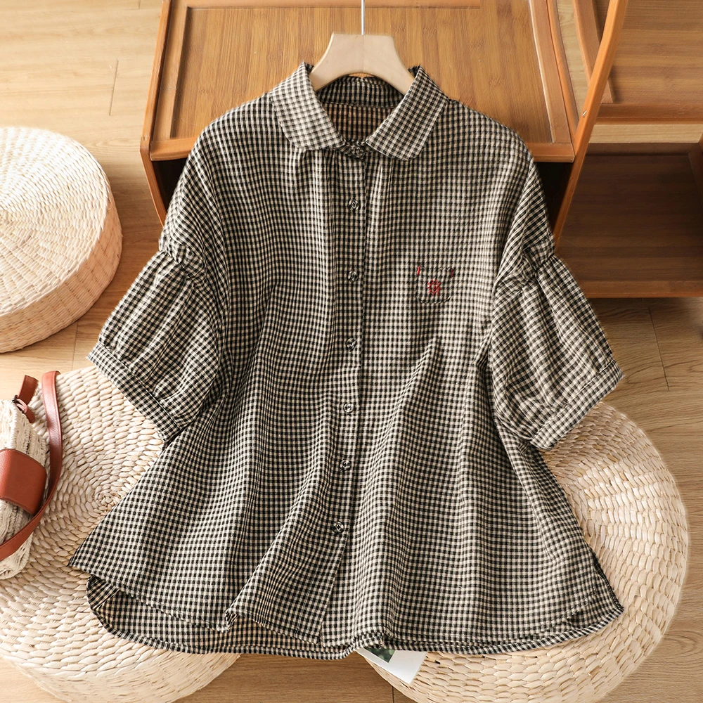 Linen Embroidered Neck Plaid Short Sleeve Shirt Women Summer Loose Large Size Artistic a Version Button down Cardigan
Linen Embroidered Neck Plaid Short Sleeve Shirt Women Summer Loose Large Size Artistic a Version Button down Cardigan