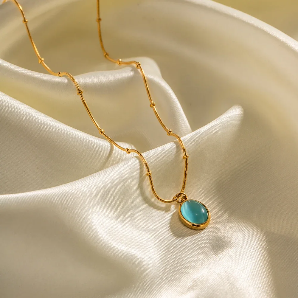 18K Gold Plated Stainless Steel Blue Opal Necklace Metal Rust Proof PVD Chic Jewelry Bijoux Femme
18K Gold Plated Stainless Steel Blue Opal Necklace Metal Rust Proof PVD Chic Jewelry Bijoux Femme