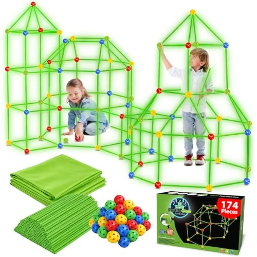 Glow-in-the-dark fort building kit for indoor outdoor play, plastic, green, 174PCS STEM learning construction set with blanket
Glow-in-the-dark fort building kit for indoor outdoor play, plastic, green, 174PCS STEM learning construction set with blanket