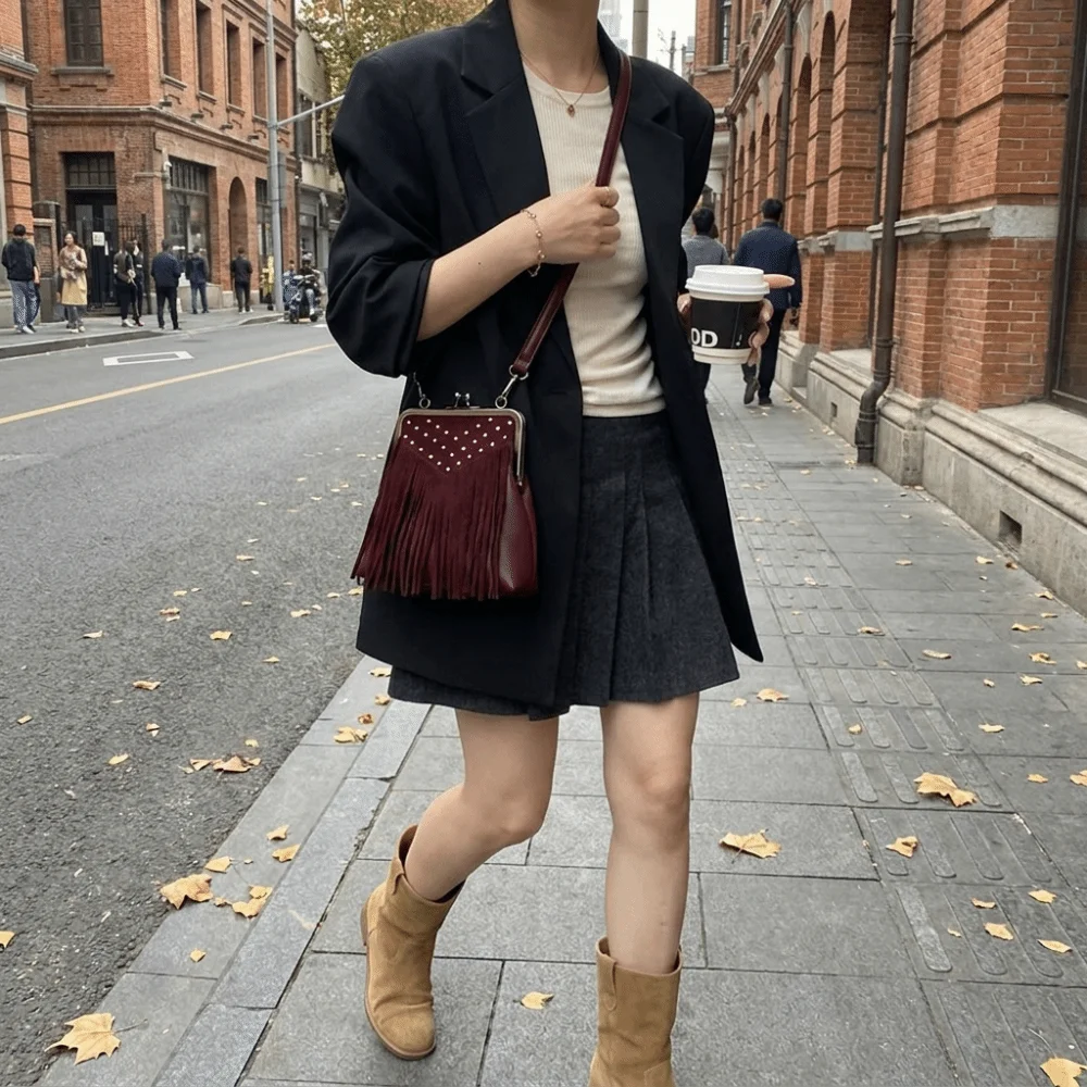 Vintage Style Kiss Lock Crossbody Bag Zipper Closure Elegant Suede Rivet Shoulder Bag Shell Shape Small Size Tassel Handbag
Vintage Style Kiss Lock Crossbody Bag Zipper Closure Elegant Suede Rivet Shoulder Bag Shell Shape Small Size Tassel Handbag