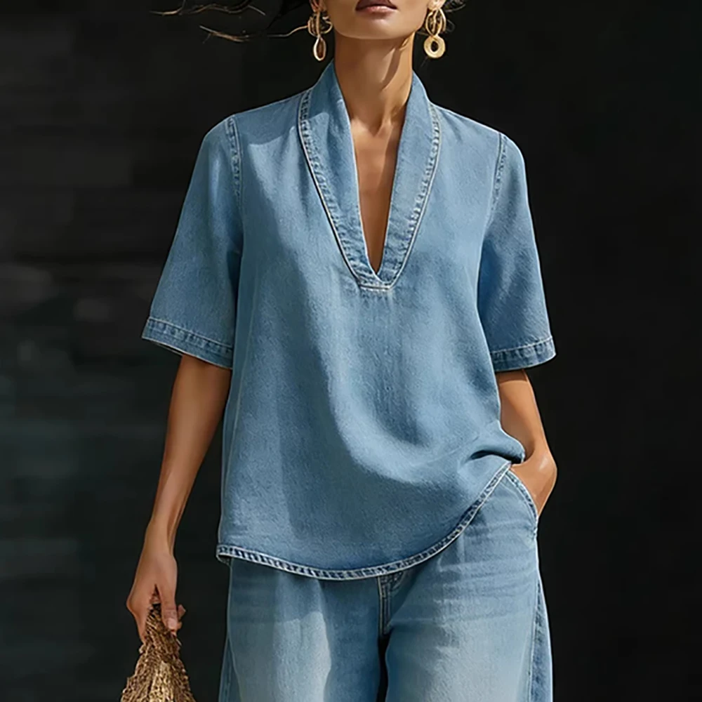 Women Denim Two Piece Set V Neck Half Sleeve Top T-Shirt Loose Wide Leg Pants Casual Outfit Streetwear Fashion Summer Suit Sets
Women Denim Two Piece Set V Neck Half Sleeve Top T-Shirt Loose Wide Leg Pants Casual Outfit Streetwear Fashion Summer Suit Sets