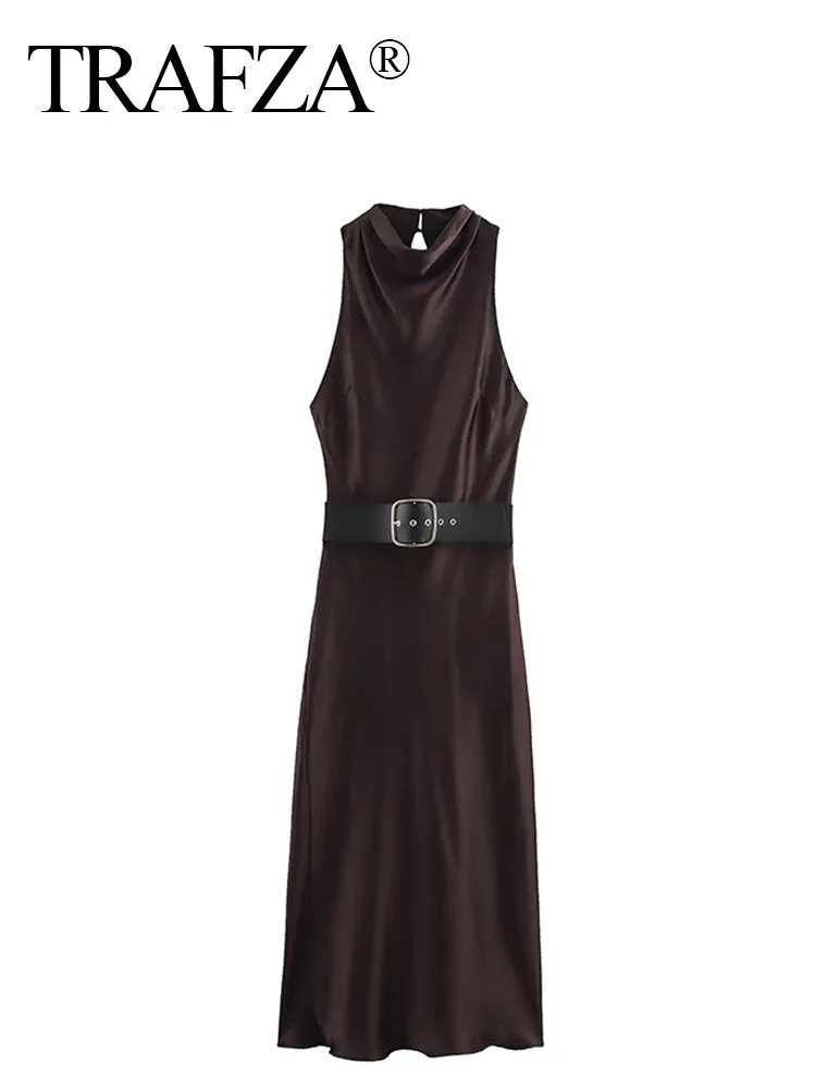 TRAFZA Women's Summer Fashion Long Dress Solid O-Neck Sleeveless Hollow Out Button Belt Decoration Female New Elegant Dress
TRAFZA Women's Summer Fashion Long Dress Solid O-Neck Sleeveless Hollow Out Button Belt Decoration Female New Elegant Dress
