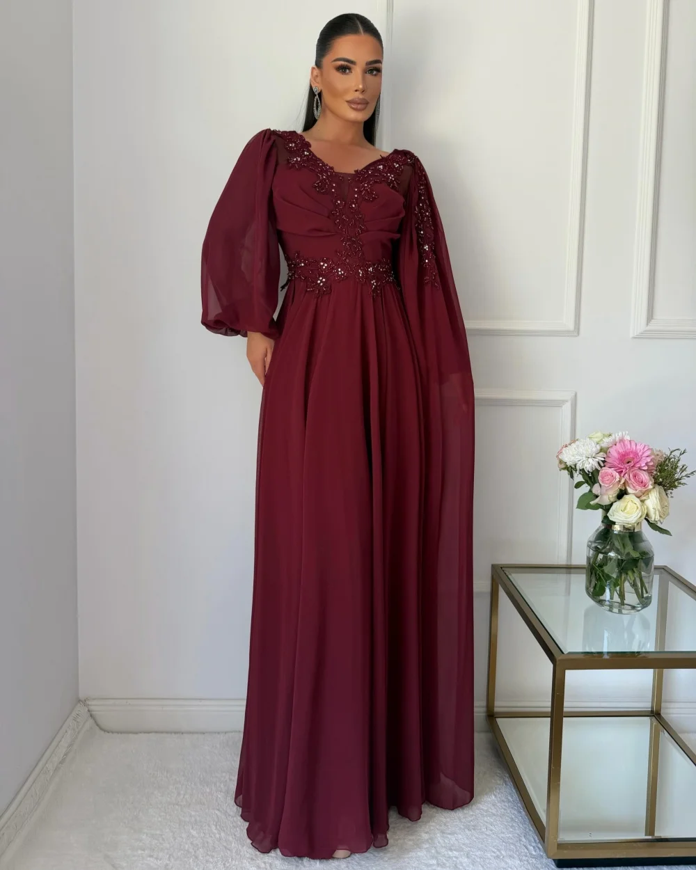 Customized Modern Style Women Chiffon Beading Ruched A-Line Evening Dresses Formal V-neck Long Sleeves Floor Lenght Prom Dresses
Customized Modern Style Women Chiffon Beading Ruched A-Line Evening Dresses Formal V-neck Long Sleeves Floor Lenght Prom Dresses
