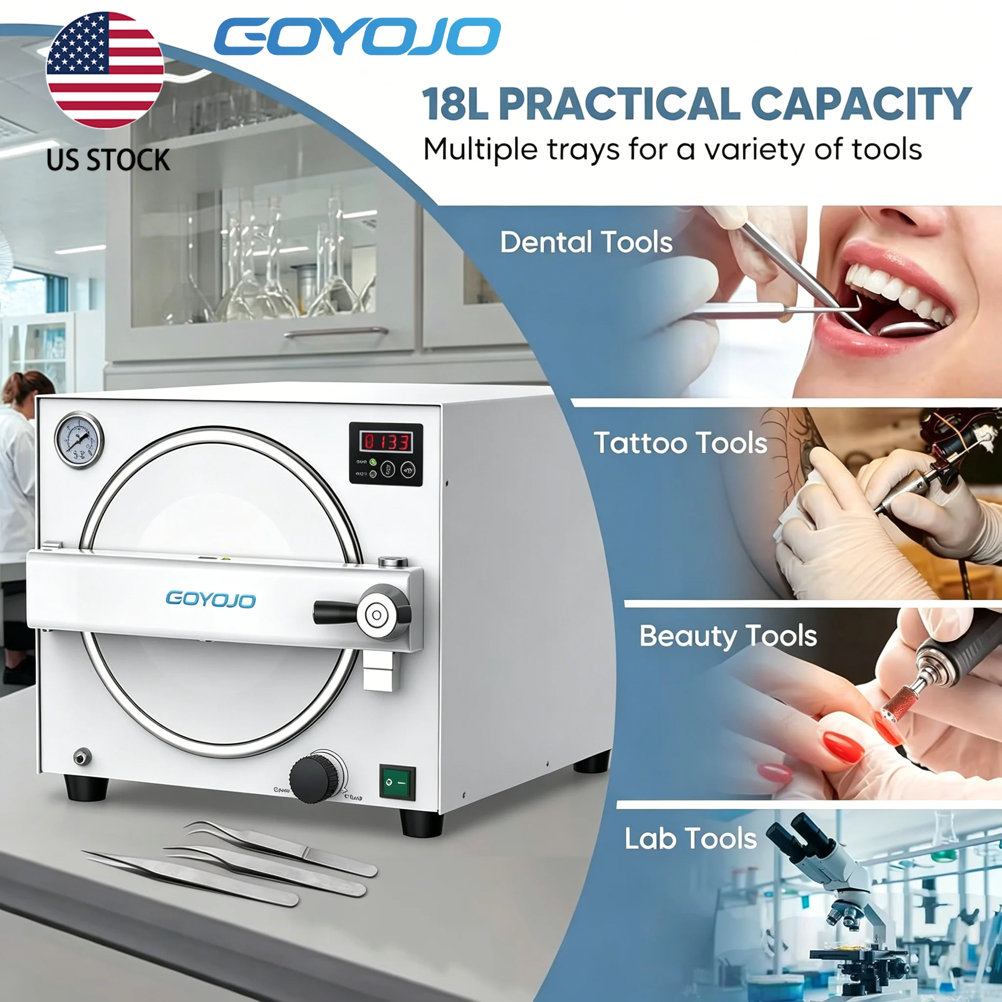 GOYOJO 18L Autoclave Sterilizer – Tabletop Class N High Pressure Steam Sterilizer Autoclave Machine with Digital Control, Fast Cycle & Secure Door Lock – for Tattoo, Dental, Beauty Salon & Lab Professional Stainless Steel Equipment with 3 Trays
GOYOJO 18L Autoclave Sterilizer – Tabletop Class N High Pressure Steam Sterilizer Autoclave Machine with Digital Control, Fast Cycle & Secure Door Lock – for Tattoo, Dental, Beauty Salon & Lab Professional Stainless Steel Equipment with 3 Trays
