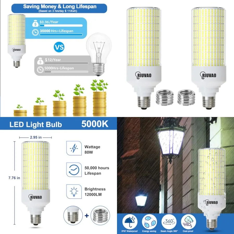 Led Corn Light Bulb 2 Pack, 800W Equivalent 5000K Daylight 12000Lm Super Bright E26/E39 Base 80W Led Bulbs, Replace Metal Halid
Led Corn Light Bulb 2 Pack, 800W Equivalent 5000K Daylight 12000Lm Super Bright E26/E39 Base 80W Led Bulbs, Replace Metal Halid