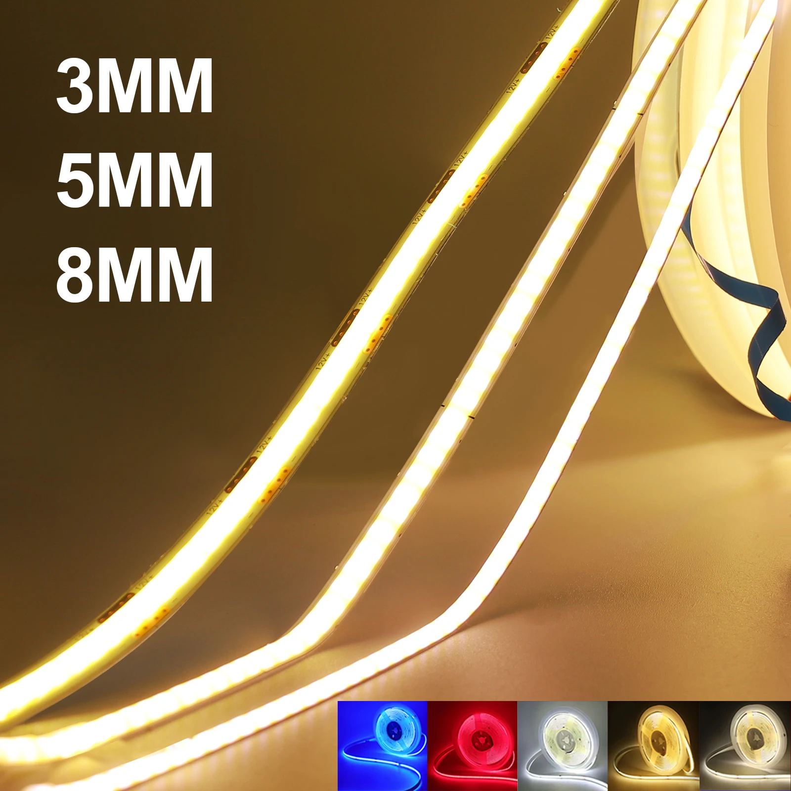 3MM 5MM 8MM Width COB LED Strip 5V 12V 24V 320LEDs Flexible LED Tape Ribbon with Adhesive High Density Linear Lighting
3MM 5MM 8MM Width COB LED Strip 5V 12V 24V 320LEDs Flexible LED Tape Ribbon with Adhesive High Density Linear Lighting