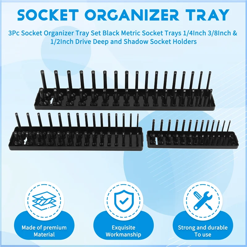 Ultra 3Pc Socket Organizer Tray Set Socket Trays 1/4Inch 3/8Inch & 1/2Inch Drive Deep And Shadow Socket Holders
Ultra 3Pc Socket Organizer Tray Set Socket Trays 1/4Inch 3/8Inch & 1/2Inch Drive Deep And Shadow Socket Holders