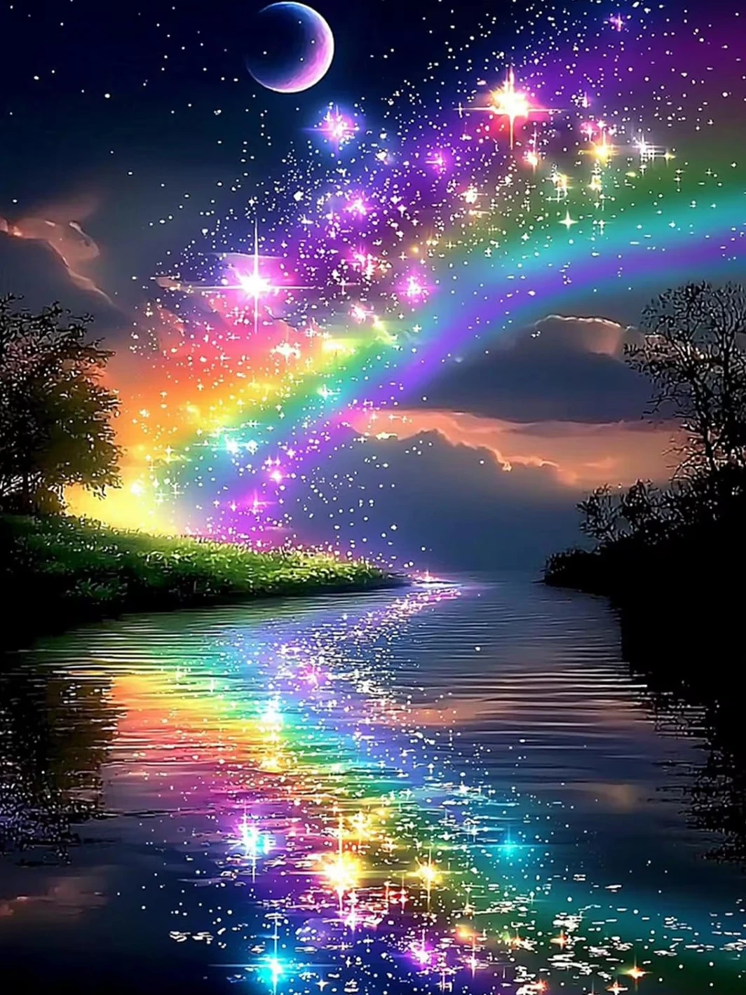 Glitter Rainbow River Reflection Crescent Moon Night Landscape Jigsaw Puzzle, Sparkle Star Country Creek Home Wall Decor
Glitter Rainbow River Reflection Crescent Moon Night Landscape Jigsaw Puzzle, Sparkle Star Country Creek Home Wall Decor