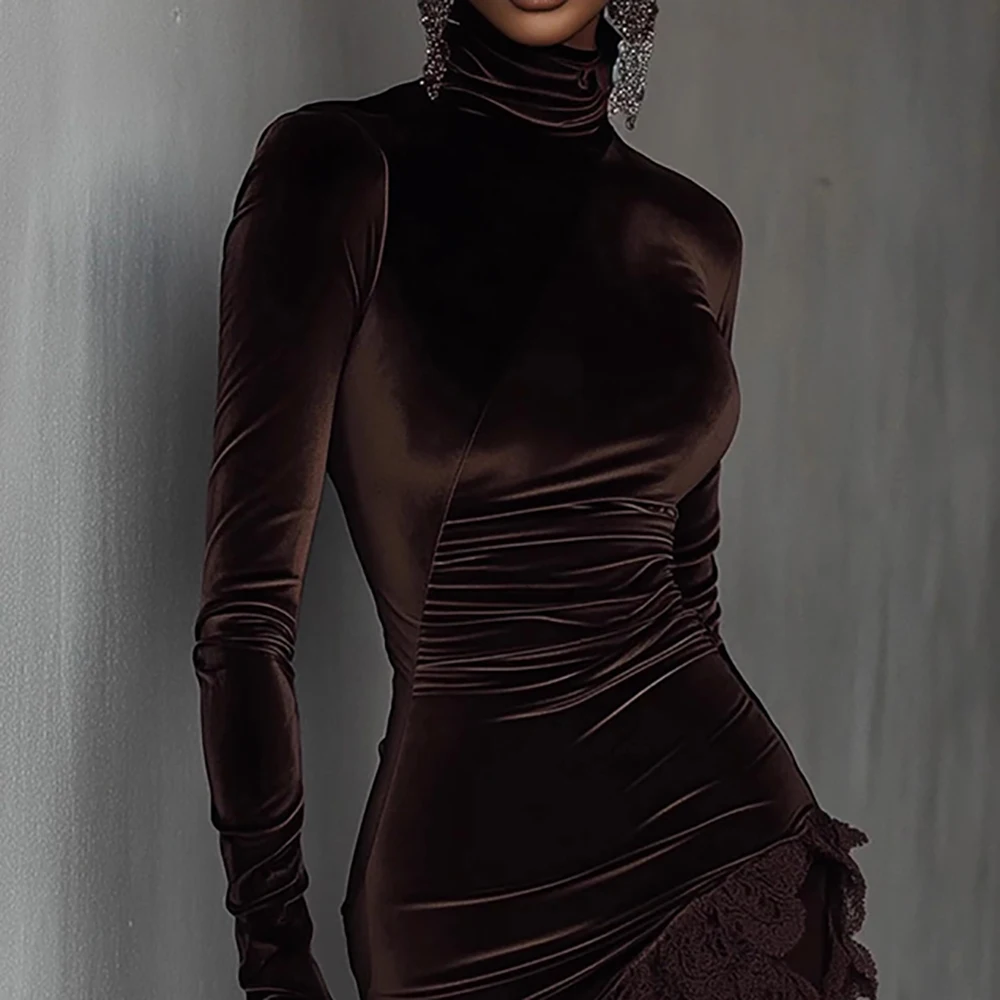 Women Brown Velvet Lace Cocktail Party Dress Elegant Asymmetrical Hem Bodycon Dress Turtleneck Long Sleeve Evening Mini Dresses
Women Brown Velvet Lace Cocktail Party Dress Elegant Asymmetrical Hem Bodycon Dress Turtleneck Long Sleeve Evening Mini Dresses