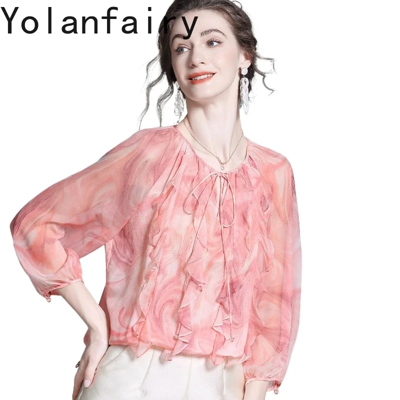 YOLANFAIRY 100% Natural Mulberry Silk Shirt for Woman Summer Womens Top Elegant Floral Blouse Ruffled Women's Blouses and Shirts
YOLANFAIRY 100% Natural Mulberry Silk Shirt for Woman Summer Womens Top Elegant Floral Blouse Ruffled Women's Blouses and Shirts