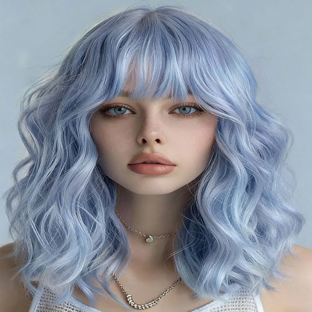 Short Bob Wavy Wigs for Women 14' Light blue Curly Wig with Bangs Synthetic Natural Color Hair for Halloween& Cosplay and Daily
Short Bob Wavy Wigs for Women 14' Light blue Curly Wig with Bangs Synthetic Natural Color Hair for Halloween& Cosplay and Daily