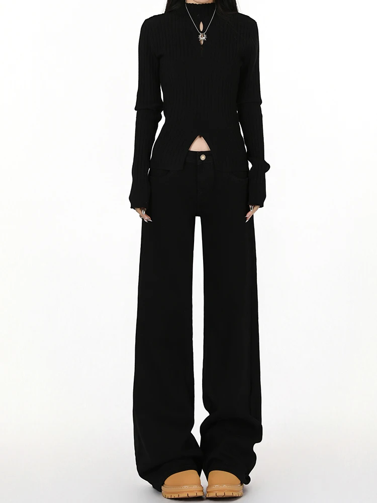 Black Flared Floor-Length Jeans Women's Retro American Style Loose Slimming Straight Leg Denim Pants Low Waist Zipper Closure
Black Flared Floor-Length Jeans Women's Retro American Style Loose Slimming Straight Leg Denim Pants Low Waist Zipper Closure