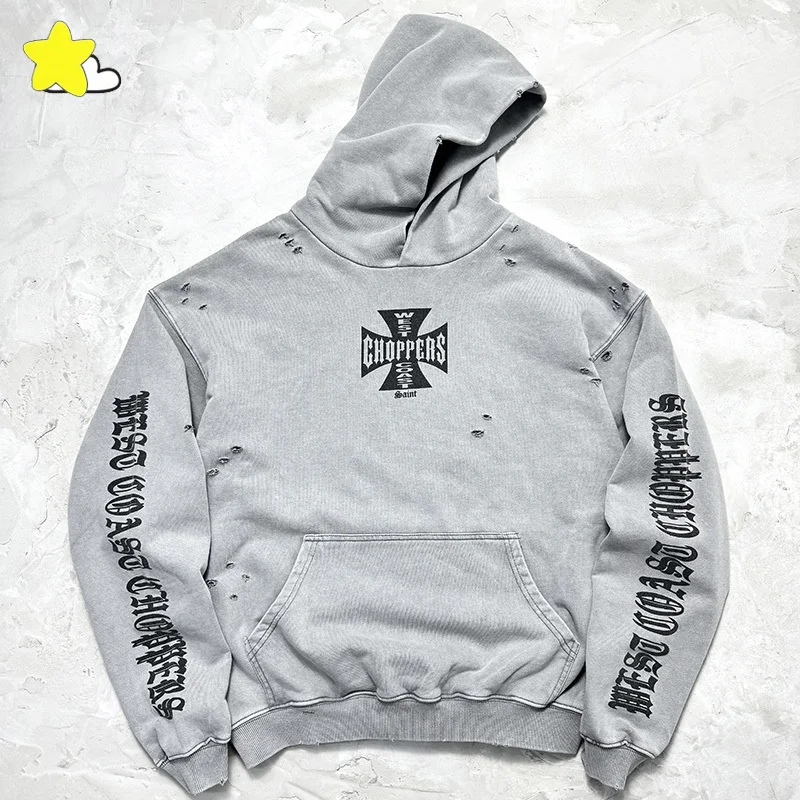 25FW Мужская и женская хлопковая толстовка лучшего качества с поврежденными отверстиями Saint, классический крест с логотипом West Coast Choppers, серые пуловеры, бирки
25FW Мужская и женская хлопковая толстовка лучшего качества с поврежденными отверстиями Saint, классический крест с логотипом West Coast Choppers, серые пуловеры, бирки