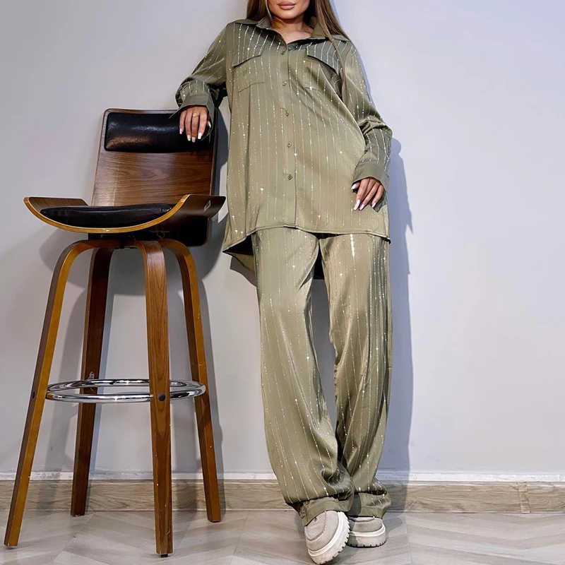 Spring Bright Silk Striped Print Women Sets Sexy Single Breasted Lapel Shirt Coat+Wide-leg Pants Outfits Long Sleeve Autumn Suit
Spring Bright Silk Striped Print Women Sets Sexy Single Breasted Lapel Shirt Coat+Wide-leg Pants Outfits Long Sleeve Autumn Suit