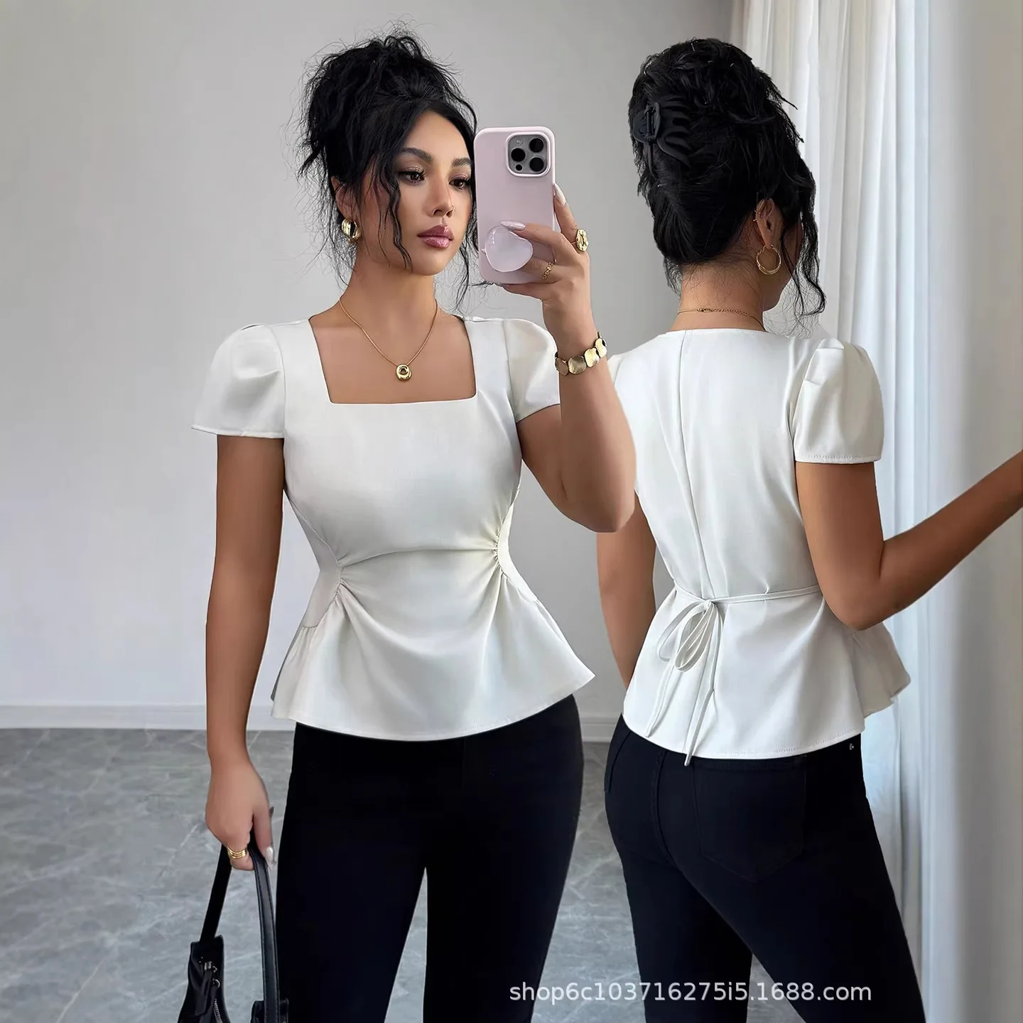 2026 Summer New Style Puff Sleeve French Solid Color Fashion Slim-waisted Short-sleeve Shirt Outfits Femme Lace
2026 Summer New Style Puff Sleeve French Solid Color Fashion Slim-waisted Short-sleeve Shirt Outfits Femme Lace