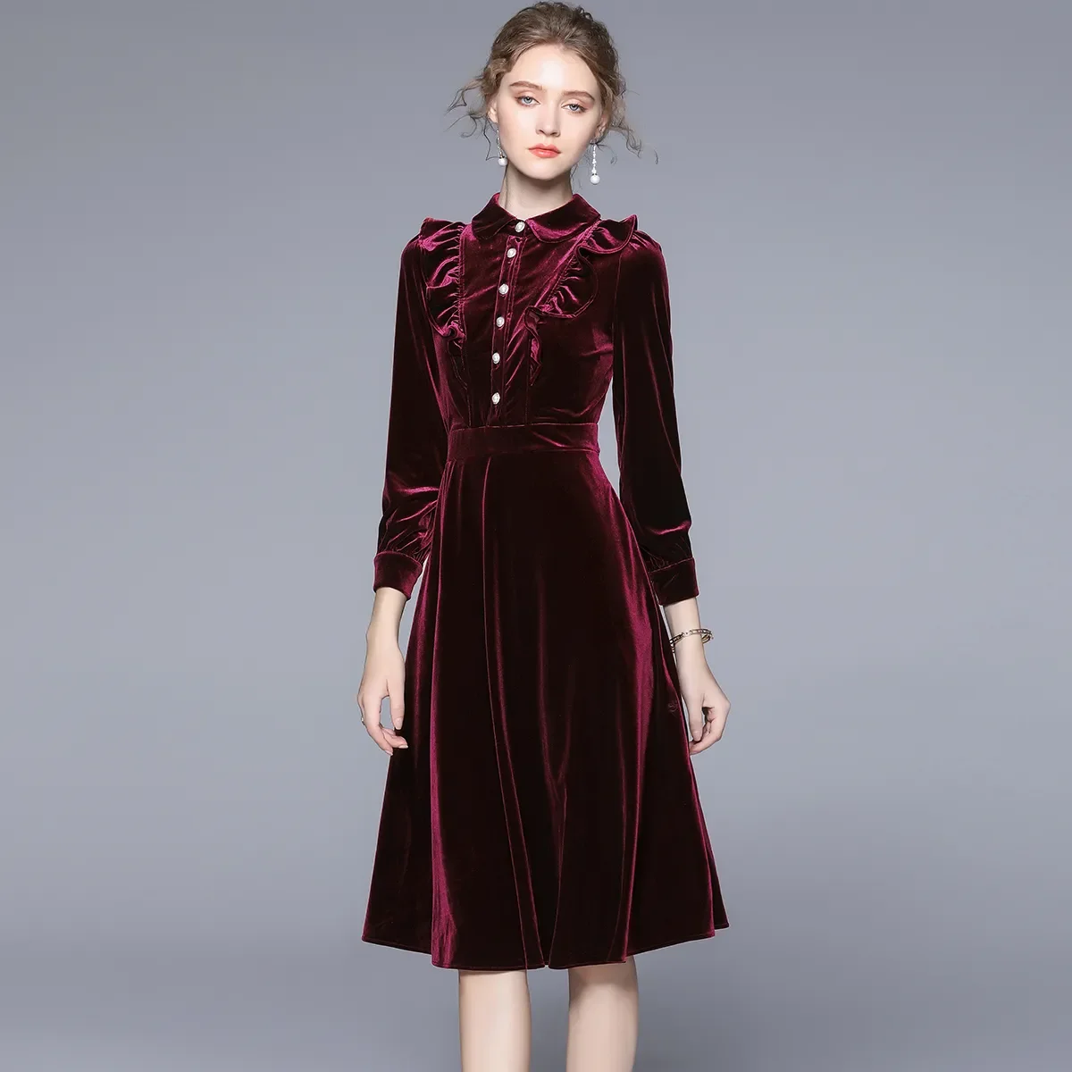 2023 Elegant Velvet Slim Long A Line Dress Women Fashion Pearls Single Breasted Ruffles Vestidos Lady Office Party Elbise Clothe
2023 Elegant Velvet Slim Long A Line Dress Women Fashion Pearls Single Breasted Ruffles Vestidos Lady Office Party Elbise Clothe