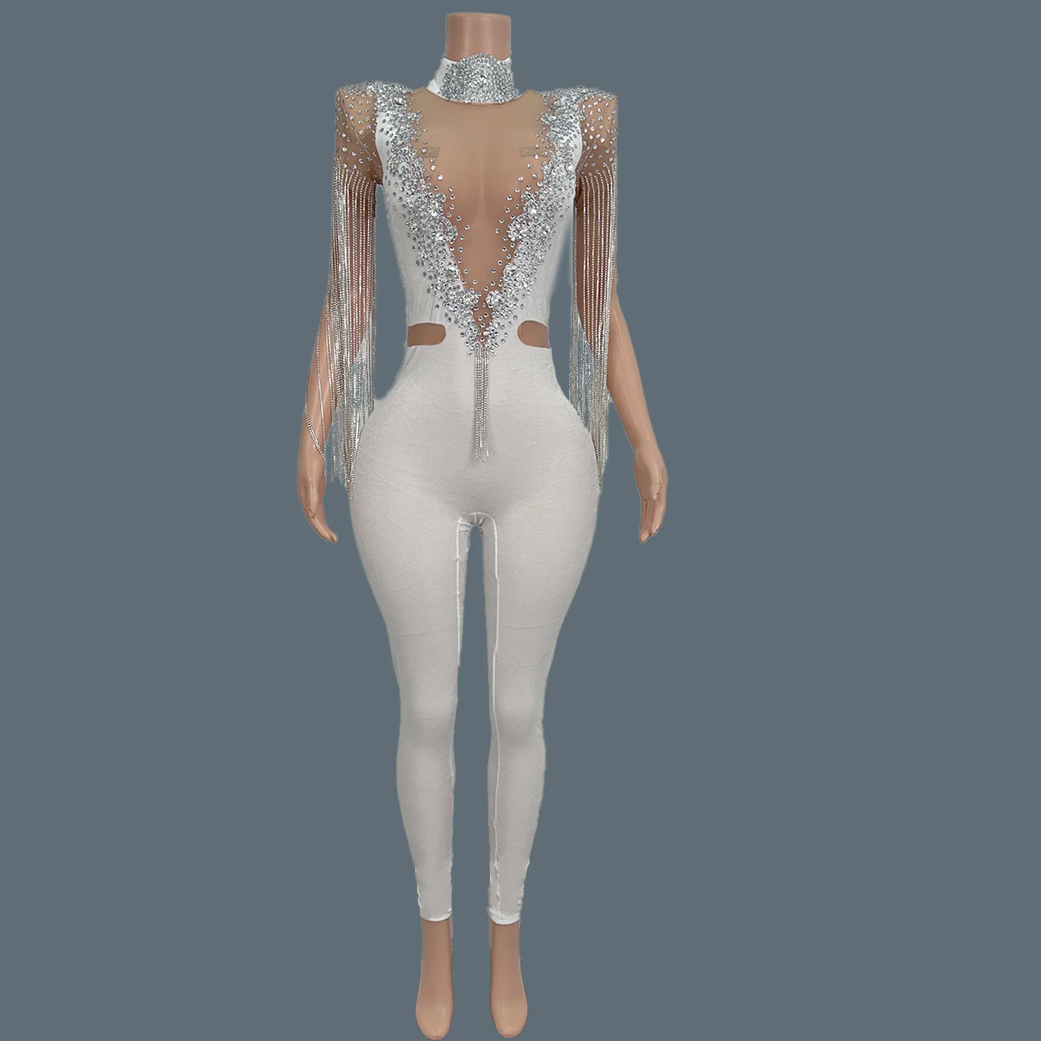 Sexy Deep V Neck Tight Fitting Elastic Jumpsuit NightClub Party Stage Show Girl Jumpsuit Sparkly Crystals Tassel Outfit BaiVling
Sexy Deep V Neck Tight Fitting Elastic Jumpsuit NightClub Party Stage Show Girl Jumpsuit Sparkly Crystals Tassel Outfit BaiVling