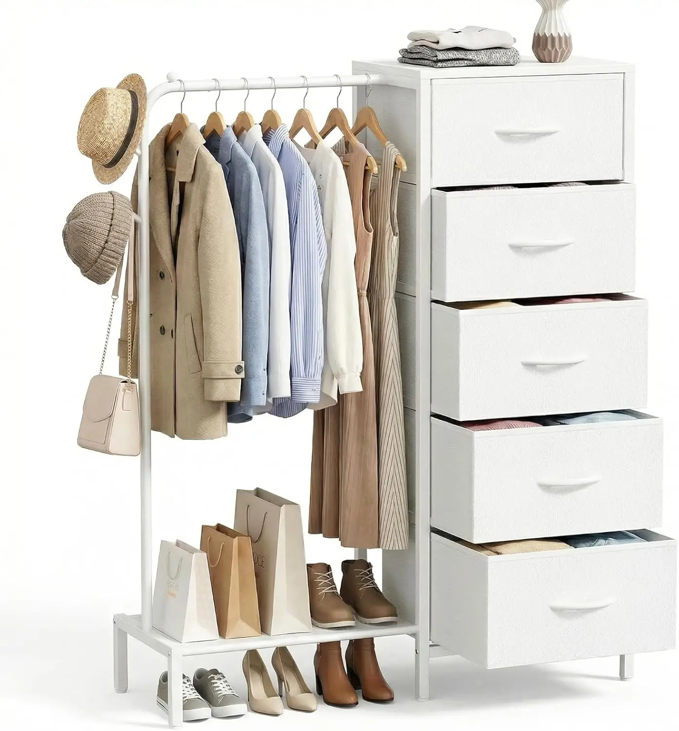 White Dresser with Hanging Rack and 5 Drawers, Compact Storage for Bedroom, Apartment, Living Room
White Dresser with Hanging Rack and 5 Drawers, Compact Storage for Bedroom, Apartment, Living Room