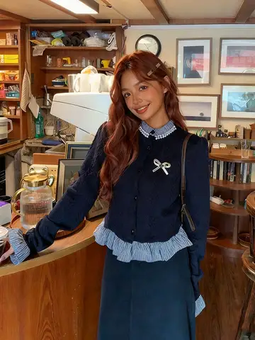 Vintage Beading Collar Cardigan Women False Two-piece Set Knit Plaid Patchwork Basic Button Down Shirt Sweater School Knitwear