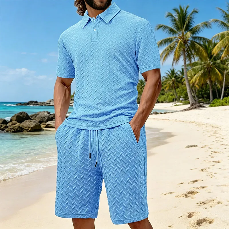 Men's summer lapel jacquard thin short-sleeved men's casual sports polo shirt set Fashion Two-Piece Outfit For Beach Daily Wear
Men's summer lapel jacquard thin short-sleeved men's casual sports polo shirt set Fashion Two-Piece Outfit For Beach Daily Wear