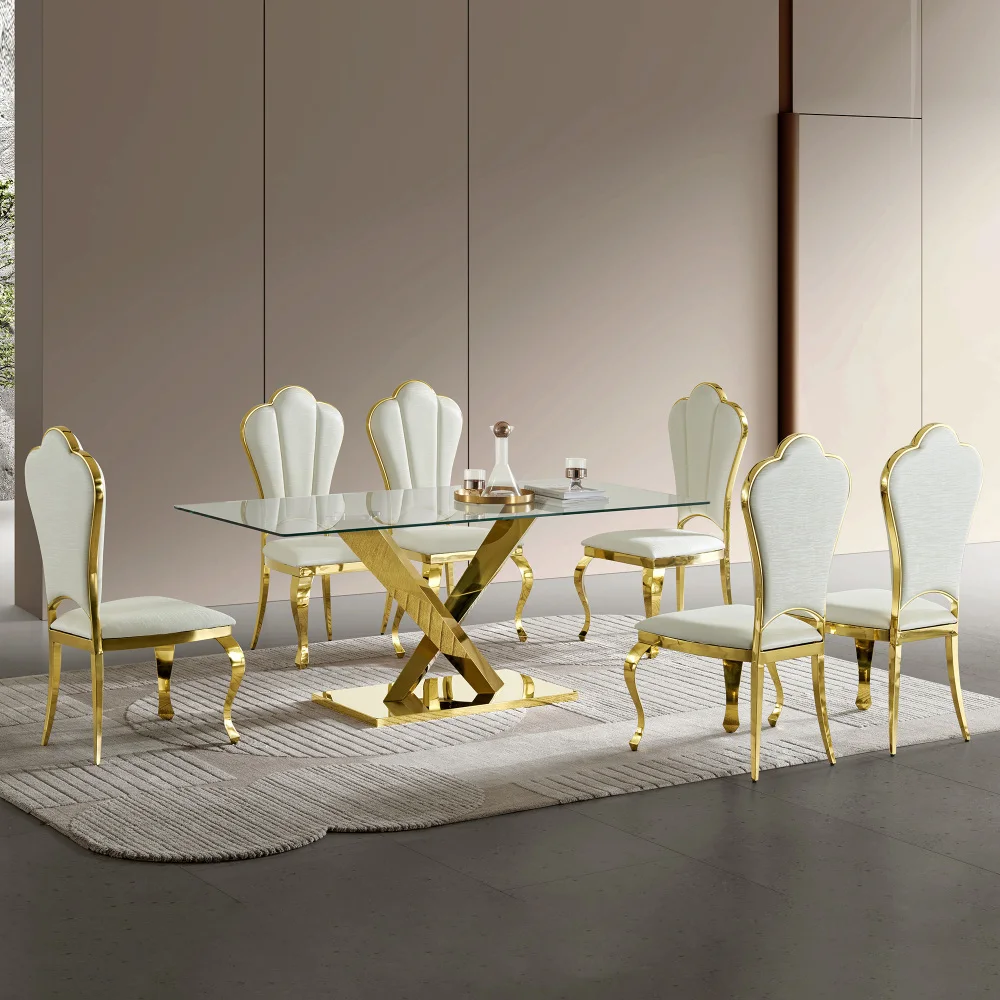 70" Modern Glass Dining Table, Luxury Gold Stainless Steel Base Dining Table, Rectangular Clear Tempered Glass Top Kitchen Table
70" Modern Glass Dining Table, Luxury Gold Stainless Steel Base Dining Table, Rectangular Clear Tempered Glass Top Kitchen Table