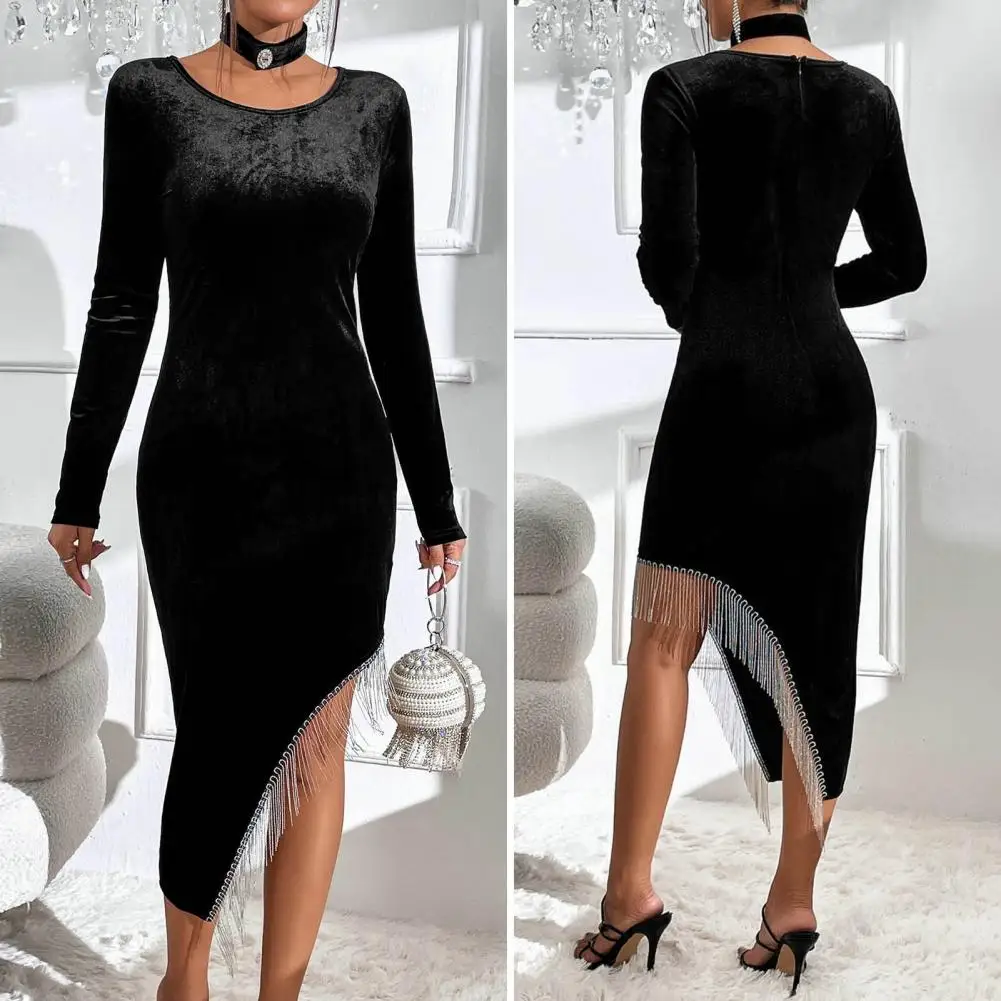 Women Formal Dress Solid Color Long Sleeve O-Neck Asymmetrical Spring Autumn Tassels Velvet Bodycon Dress Party Banquet Wear
Women Formal Dress Solid Color Long Sleeve O-Neck Asymmetrical Spring Autumn Tassels Velvet Bodycon Dress Party Banquet Wear
