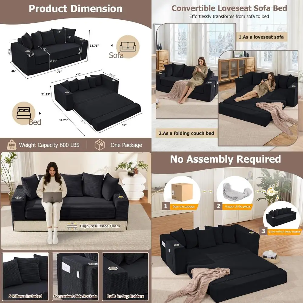 76 Convertible Sofa Bed, 3-in-1 Loveseat Couch with Cup Holder, Corduroy Pull-Out Sofa with 5 Pillows, Deep Seat for Living Room
76 Convertible Sofa Bed, 3-in-1 Loveseat Couch with Cup Holder, Corduroy Pull-Out Sofa with 5 Pillows, Deep Seat for Living Room