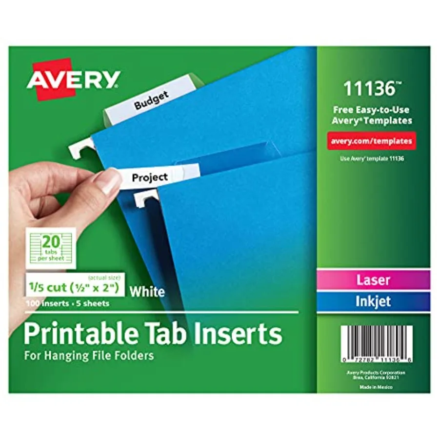 Printable Tab Inserts for Hanging File Folders, 1/2" x 2", 1/5 Cut, White, 100 Index Tab Inserts 11136
Printable Tab Inserts for Hanging File Folders, 1/2" x 2", 1/5 Cut, White, 100 Index Tab Inserts 11136