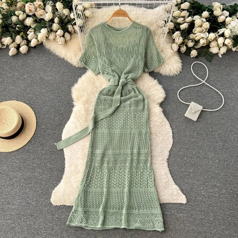 Chic Hollow Lace Up Two Pieces Sets Dress Knit Dresses Korean Fashion Vestidos Women Crochet Vintage Summer Trumpet Dress
Chic Hollow Lace Up Two Pieces Sets Dress Knit Dresses Korean Fashion Vestidos Women Crochet Vintage Summer Trumpet Dress