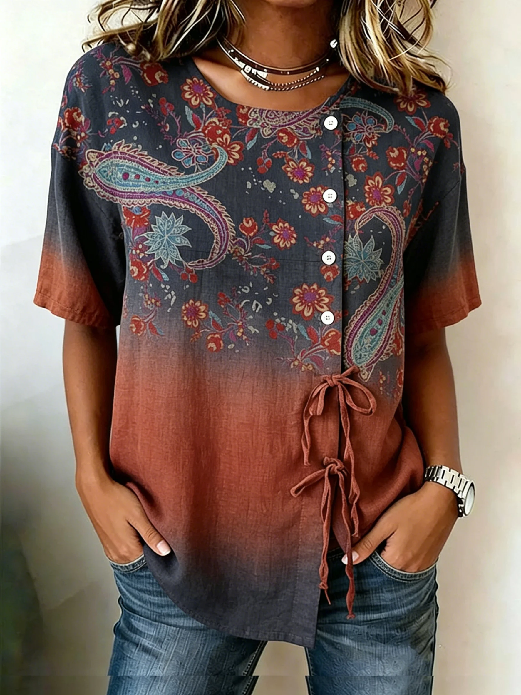 Women's Ombre Paisley Floral Print Drawstring Button Up Blouse, Casual Round Neck Tops for Spring Summer Daily Vacation Wear
Women's Ombre Paisley Floral Print Drawstring Button Up Blouse, Casual Round Neck Tops for Spring Summer Daily Vacation Wear