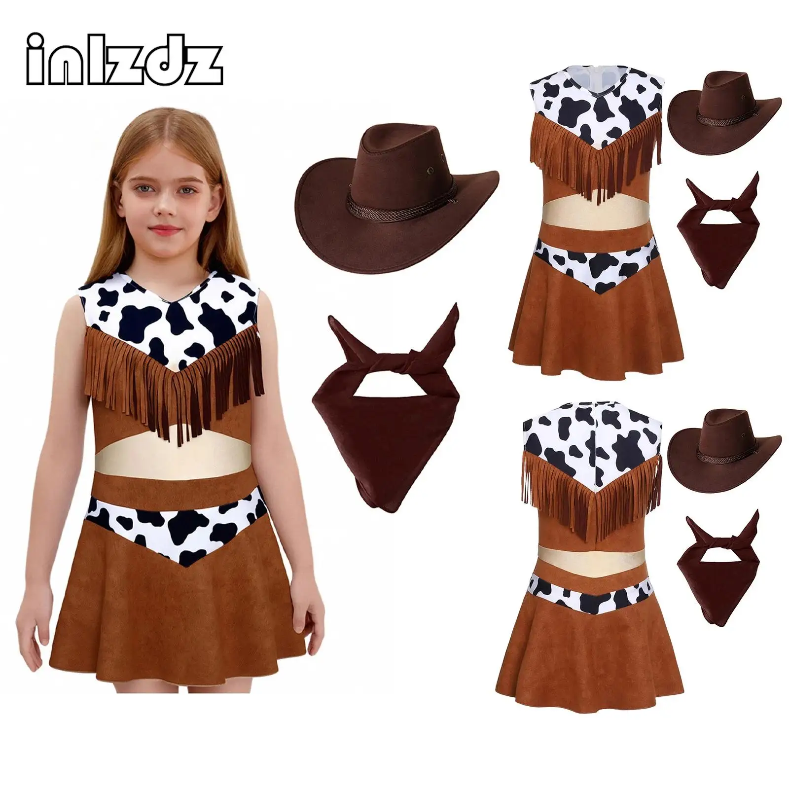 Girls 3Pcs Cowgirl Costume Sleeveless Tassels Around Chest Crotch Button Dress with Cowgirl Hat Paisley Bandana Performance Sets
Girls 3Pcs Cowgirl Costume Sleeveless Tassels Around Chest Crotch Button Dress with Cowgirl Hat Paisley Bandana Performance Sets