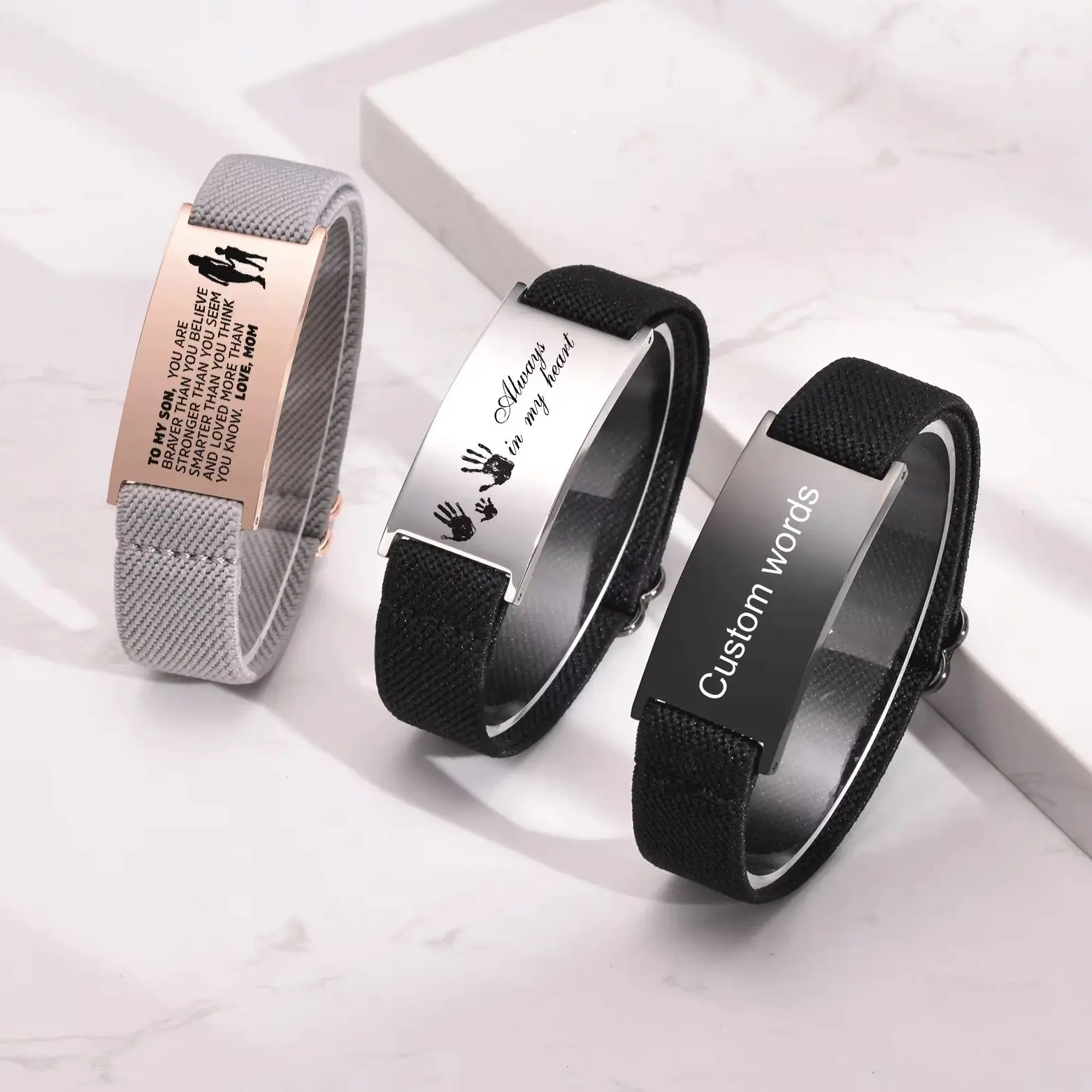 Personalized Elastic Fabric Nylon Bracelets for Men Women,Carving Name Sentence Friend Stainless Steel Wristband,Jewelry Gifts
Personalized Elastic Fabric Nylon Bracelets for Men Women,Carving Name Sentence Friend Stainless Steel Wristband,Jewelry Gifts