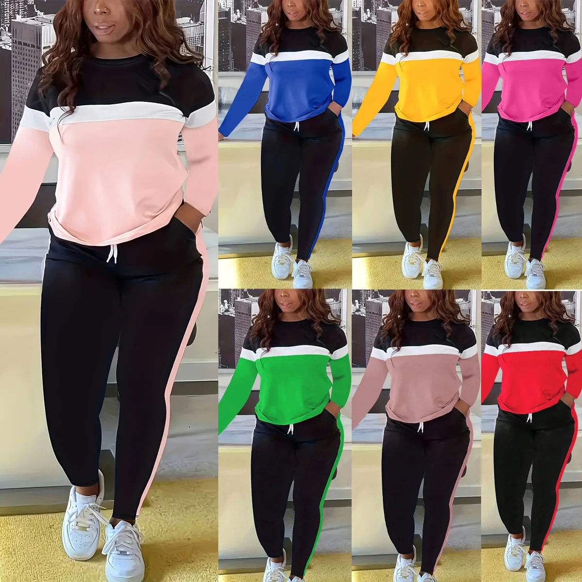 Casual Pant Sets Women Two Piece Striped Splice Round Neck Top Pullovers Long Pants Drawstring Casual Office Lady Sporty
Casual Pant Sets Women Two Piece Striped Splice Round Neck Top Pullovers Long Pants Drawstring Casual Office Lady Sporty