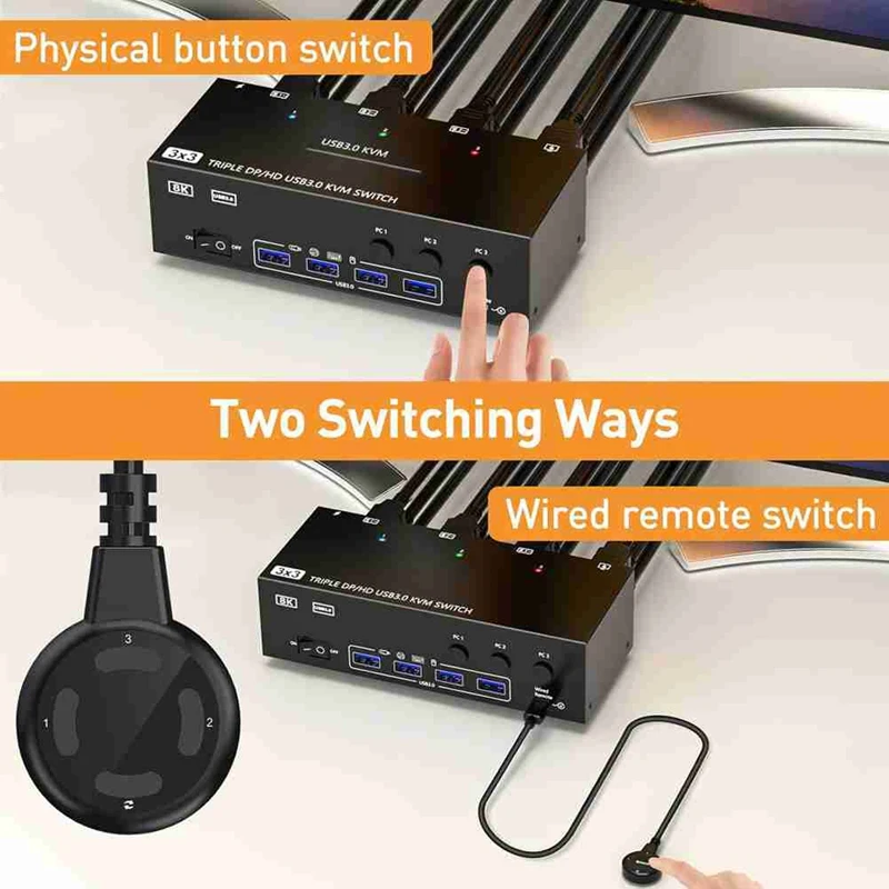 4K@144Hz -Compatible KVM Switch 3 Monitors 3 Computers,2 Displayport KVM Swticher,8K@30Hz,with 4 USB 3.0 EU PLUG
4K@144Hz -Compatible KVM Switch 3 Monitors 3 Computers,2 Displayport KVM Swticher,8K@30Hz,with 4 USB 3.0 EU PLUG
