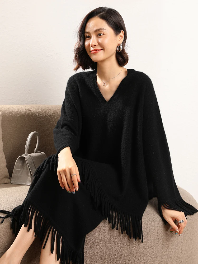 Women Cashmere V-Neck Tassel Pullover Sweater Thick 100% Cashmere Knitwear Lazy Symple Loose Design Autumn Winter Mid-long Top
Women Cashmere V-Neck Tassel Pullover Sweater Thick 100% Cashmere Knitwear Lazy Symple Loose Design Autumn Winter Mid-long Top