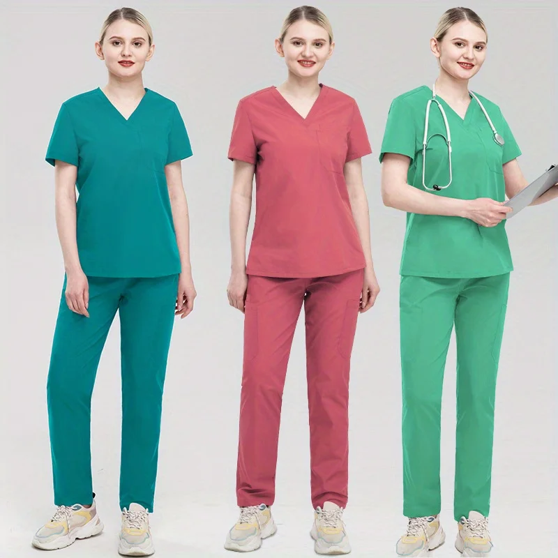Женская эластичная униформа медсестры с v-образным вырезом и коротким рукавом, летний набор скрабов медсестры 
Женская эластичная униформа медсестры с v-образным вырезом и коротким рукавом, летний набор скрабов медсестры