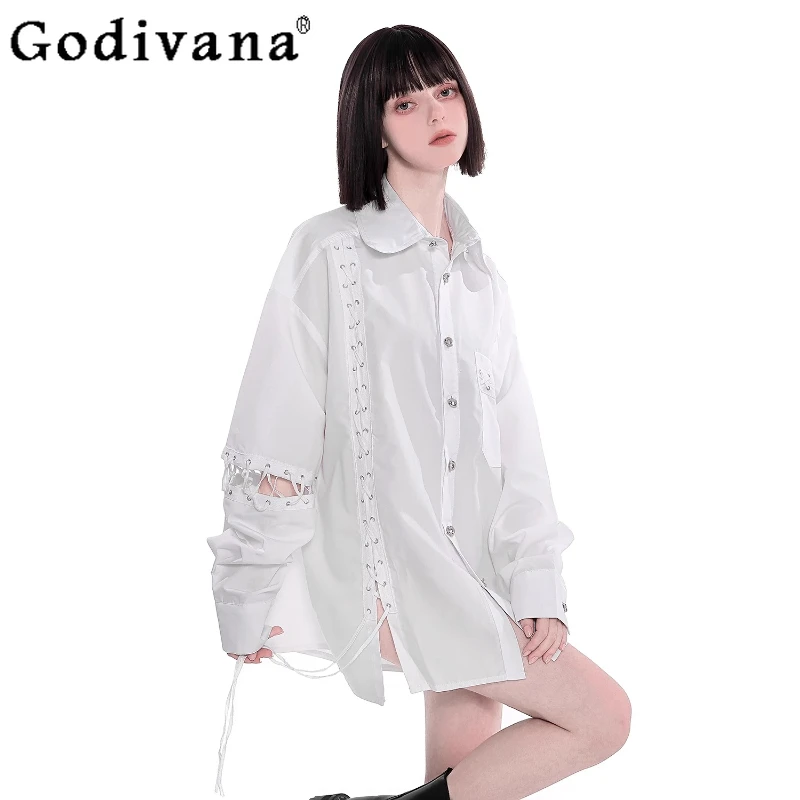 Goth Punk Metal Button Personality Loose Long Sleeve Lace-Up Shirt Spring Autumn Girl Turn-down Collar Fashion Versatile Top
Goth Punk Metal Button Personality Loose Long Sleeve Lace-Up Shirt Spring Autumn Girl Turn-down Collar Fashion Versatile Top