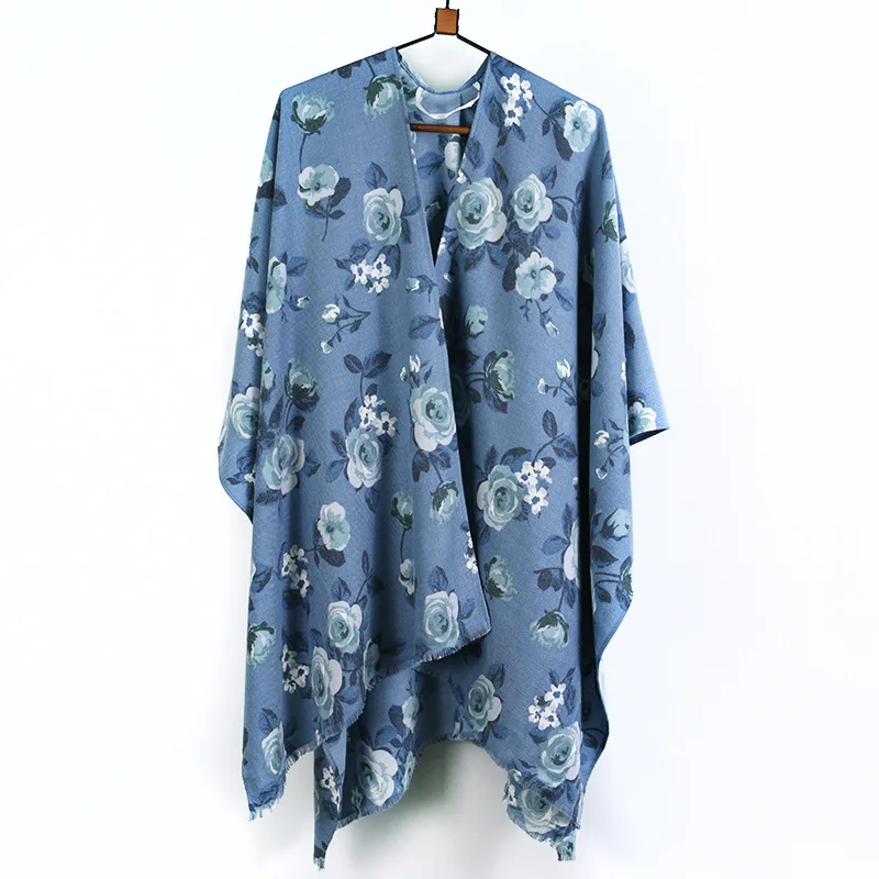 New Colorful Rose Print Imitation Cashmere Split Shawl Thickened Warm Cloak Autumn and Winter Shawl Blue
New Colorful Rose Print Imitation Cashmere Split Shawl Thickened Warm Cloak Autumn and Winter Shawl Blue