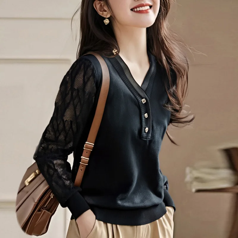 Women's Long-sleeved Shirt 2025 Summer Sweater Thin Foreign Style Knitted Women's Lace Splicing V-neck Top Cardigans for Girls
Women's Long-sleeved Shirt 2025 Summer Sweater Thin Foreign Style Knitted Women's Lace Splicing V-neck Top Cardigans for Girls