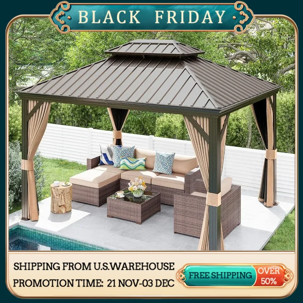 10’ x 12’ Hardtop Gazebo, Outdoor Aluminum Gazebo with Galvanized Steel Double Vented Roof Canopy, W/Shaded Curtains and Netting
10’ x 12’ Hardtop Gazebo, Outdoor Aluminum Gazebo with Galvanized Steel Double Vented Roof Canopy, W/Shaded Curtains and Netting