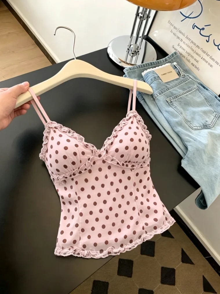 Summer Style Women's Pink Polka Dot Strap Vest with Chest Pad Commute Korean Version Slim Fit Silk Top Outerwear Beauty
Summer Style Women's Pink Polka Dot Strap Vest with Chest Pad Commute Korean Version Slim Fit Silk Top Outerwear Beauty