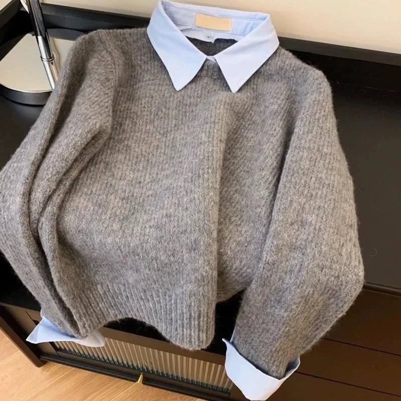 New Fake Two Shirts Collar Sweater Women's Autumn Contrasting Color Gray Knit Sweater Pullover Sweaters Warm Knitwear Female
New Fake Two Shirts Collar Sweater Women's Autumn Contrasting Color Gray Knit Sweater Pullover Sweaters Warm Knitwear Female