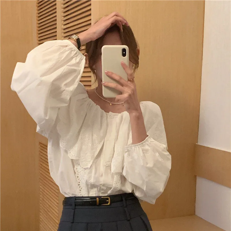 Chic Sweet Ruffle Splice One oulder Long Sve irt Women's Design Sense Bubble Sve Single Button Top Korean Sle Com...
Chic Sweet Ruffle Splice One oulder Long Sve irt Women's Design Sense Bubble Sve Single Button Top Korean Sle Com...