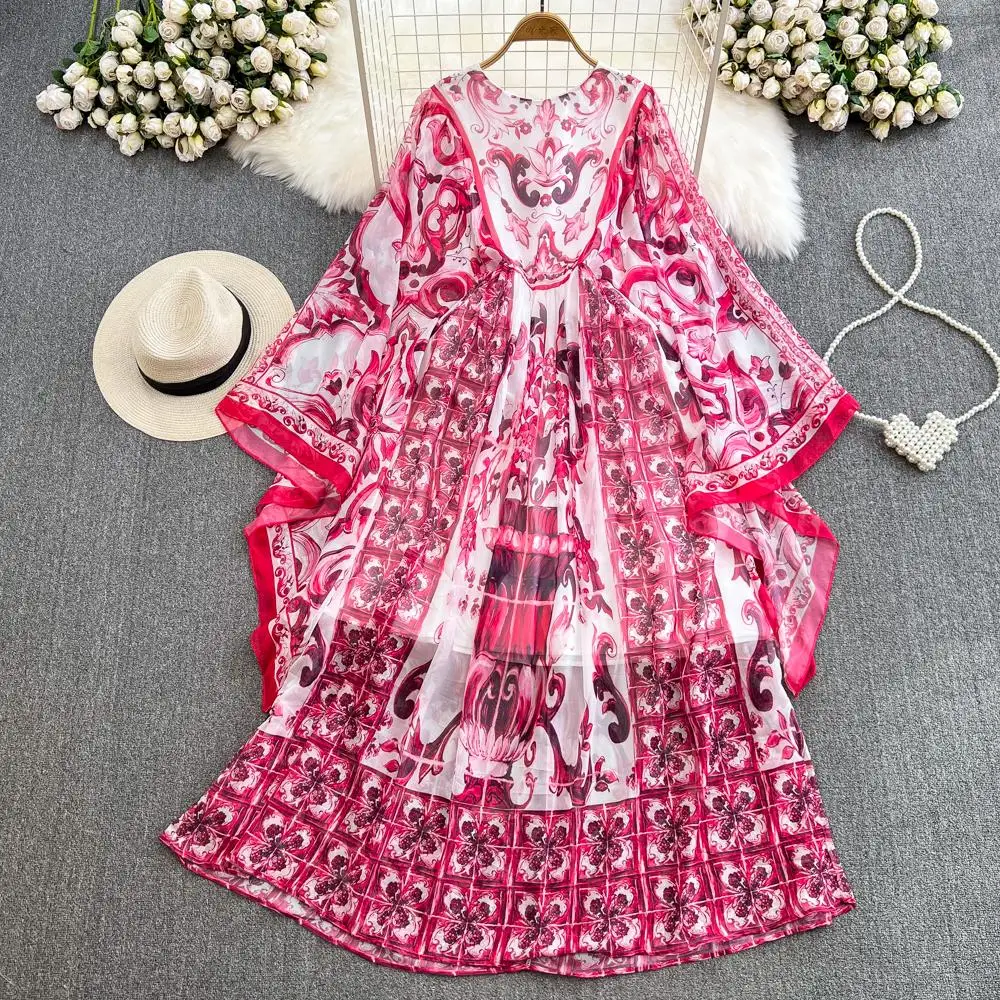 Chiffon Long Dress Spring Summer Runway Designer Crewneck Red and White Porcelain Print Bohemian Loose Maxi Dress N490
Chiffon Long Dress Spring Summer Runway Designer Crewneck Red and White Porcelain Print Bohemian Loose Maxi Dress N490