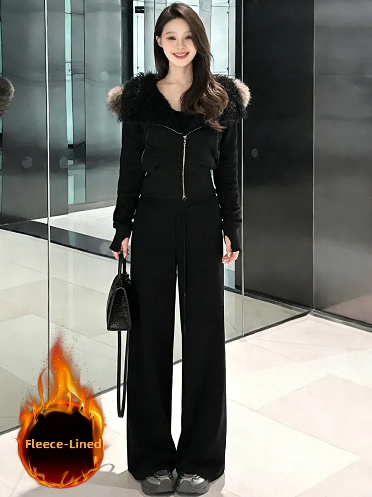 Elegant Slimming Black Casual Sportswear Set Women's Fleece Lined Hooded Jacket High Waist Wide Leg Pants Two Piece Set
Elegant Slimming Black Casual Sportswear Set Women's Fleece Lined Hooded Jacket High Waist Wide Leg Pants Two Piece Set