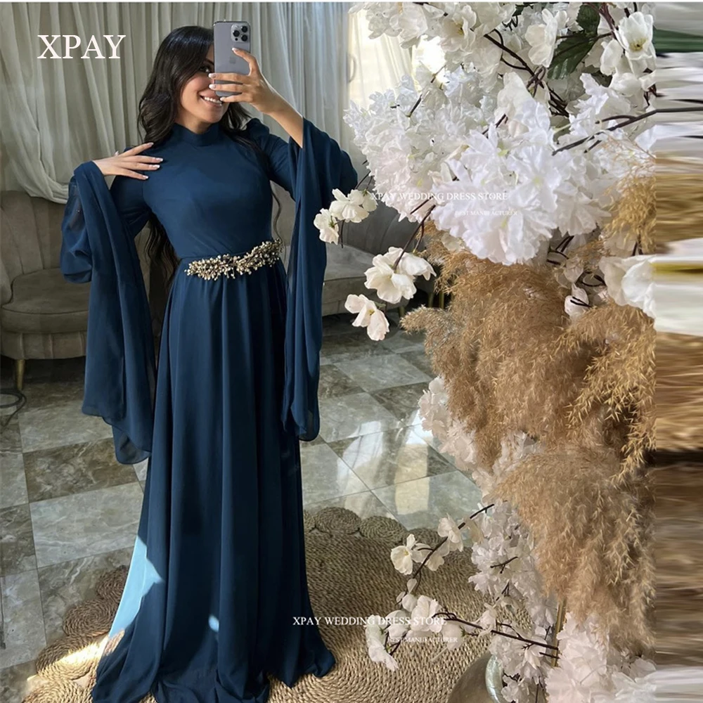 XPAY Modest Navy blue Chiffon Muslim Women Evening Dresses High Neck Flare Long Sleeves Belt Arabic Kaftan Formal Prom Gowns
XPAY Modest Navy blue Chiffon Muslim Women Evening Dresses High Neck Flare Long Sleeves Belt Arabic Kaftan Formal Prom Gowns