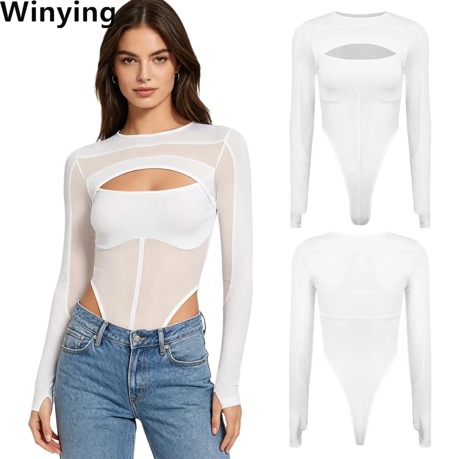 Women See Through Mesh Bodysuit Patchwork Cutout Leotard High Cut Buttoned Crotch Skinny Jumpsuit for Party Nightclub Streetwear
Women See Through Mesh Bodysuit Patchwork Cutout Leotard High Cut Buttoned Crotch Skinny Jumpsuit for Party Nightclub Streetwear