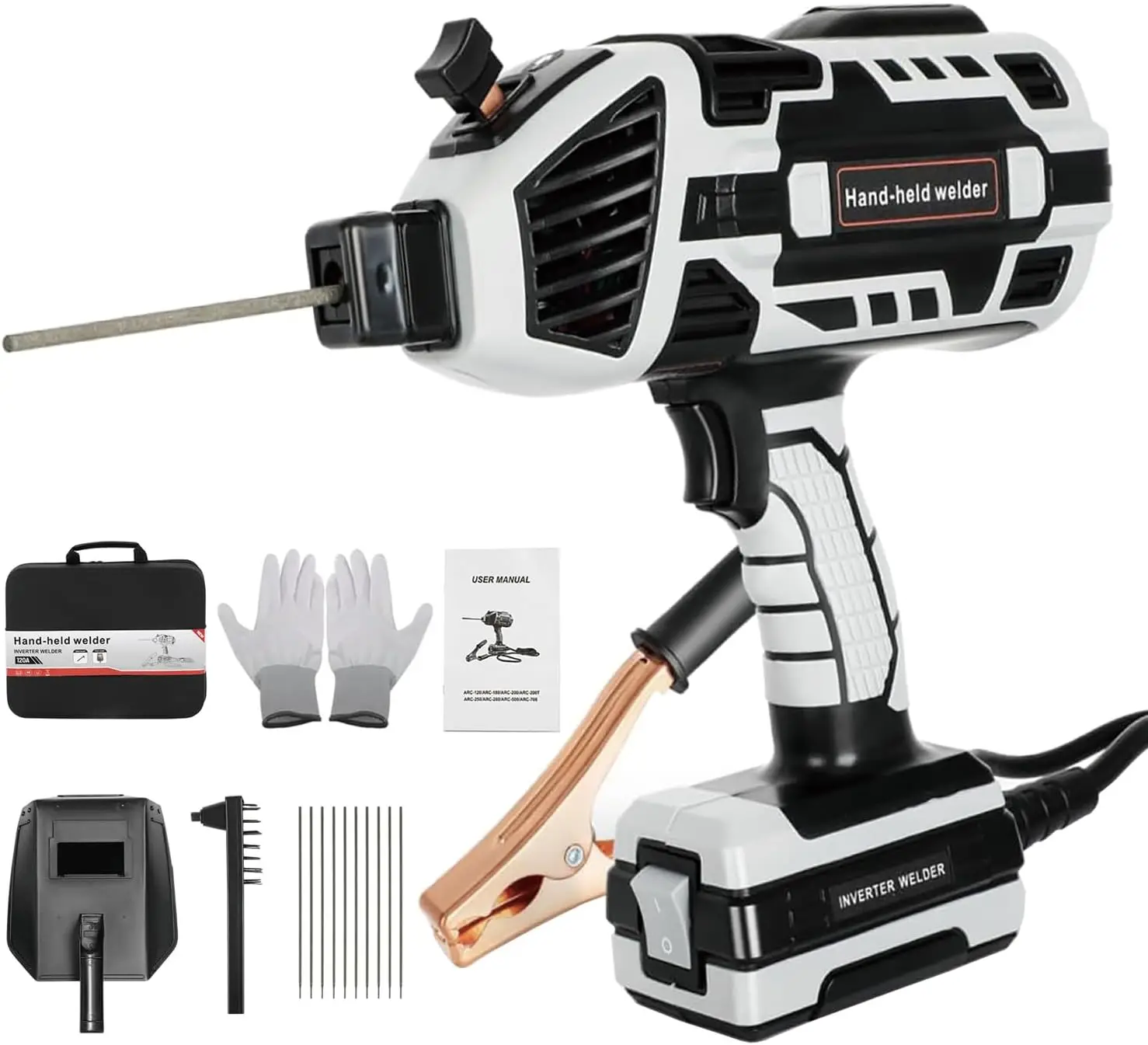 Portable Handheld Welder Machine, 110V IGBT Inverter with 6 Current Settings, 20-120Amp ARC Welder for 1/16''-1/8'' Rods
Portable Handheld Welder Machine, 110V IGBT Inverter with 6 Current Settings, 20-120Amp ARC Welder for 1/16''-1/8'' Rods